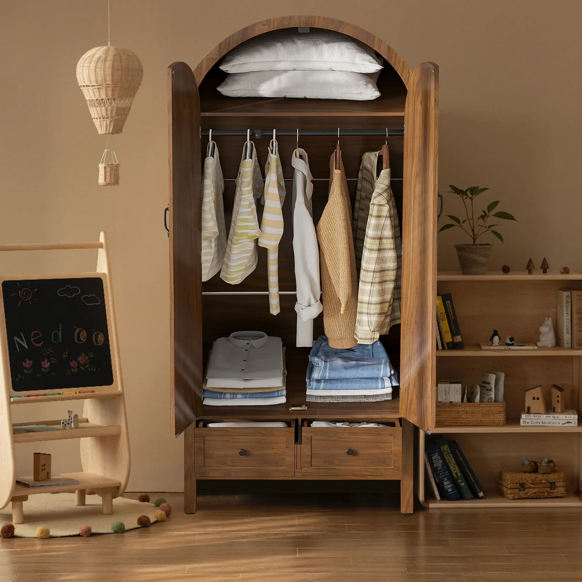 Nouveauté 2026 – Armoire-penderie cintrée Oubayajia avec portes cannelées, en bois, avec tiroirs, étagères et tringle pour chambre à coucher