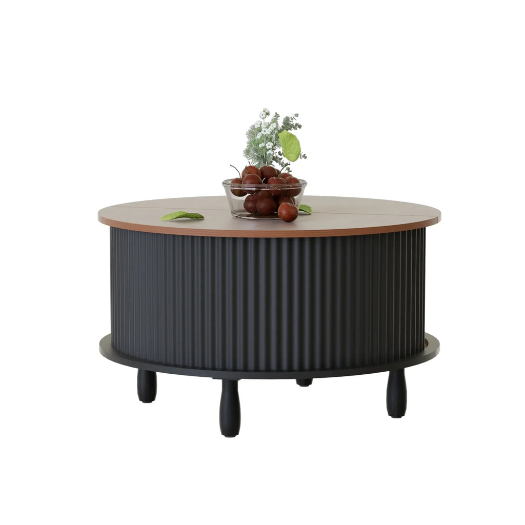 Nouveauté 2026 – Table basse ronde RUMLIVE avec rangement, table basse moderne de 78 cm avec porte coulissante incurvée à 360°, table basse en bois cannelé avec patins, table centrale ronde pour salon, noire