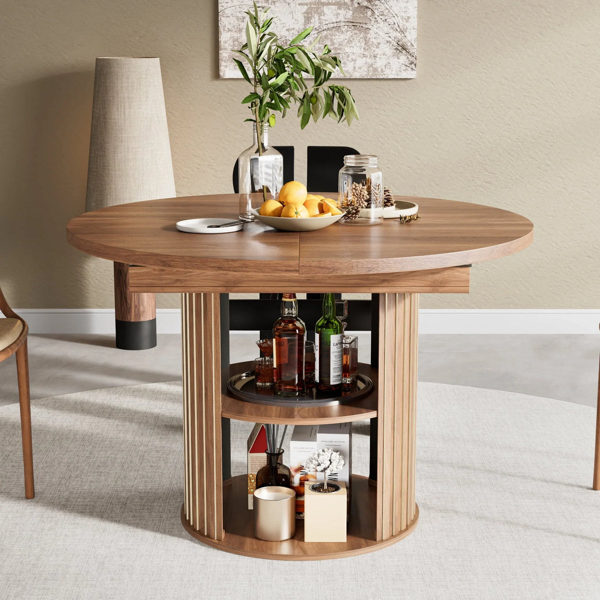 Nouveauté 2026 – Table de salle à manger extensible pour 4 à 6 personnes, table de cuisine ronde avec étagère de rangement, tables de salle à manger ovales pour salon (noyer