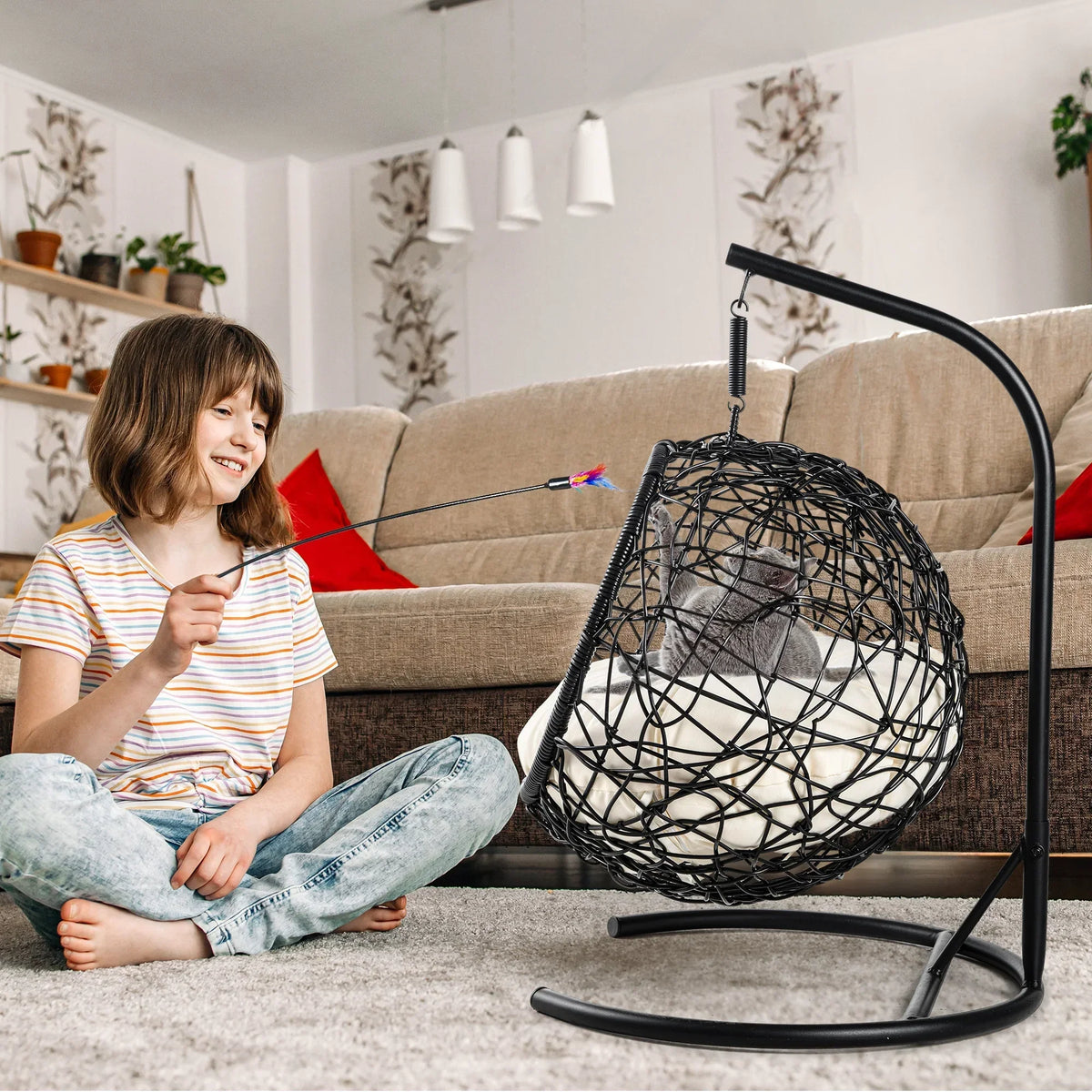 Nouveauté 2026 – Lit surélevé pour chat d'intérieur Dextrus avec coussin amovible, marron uni