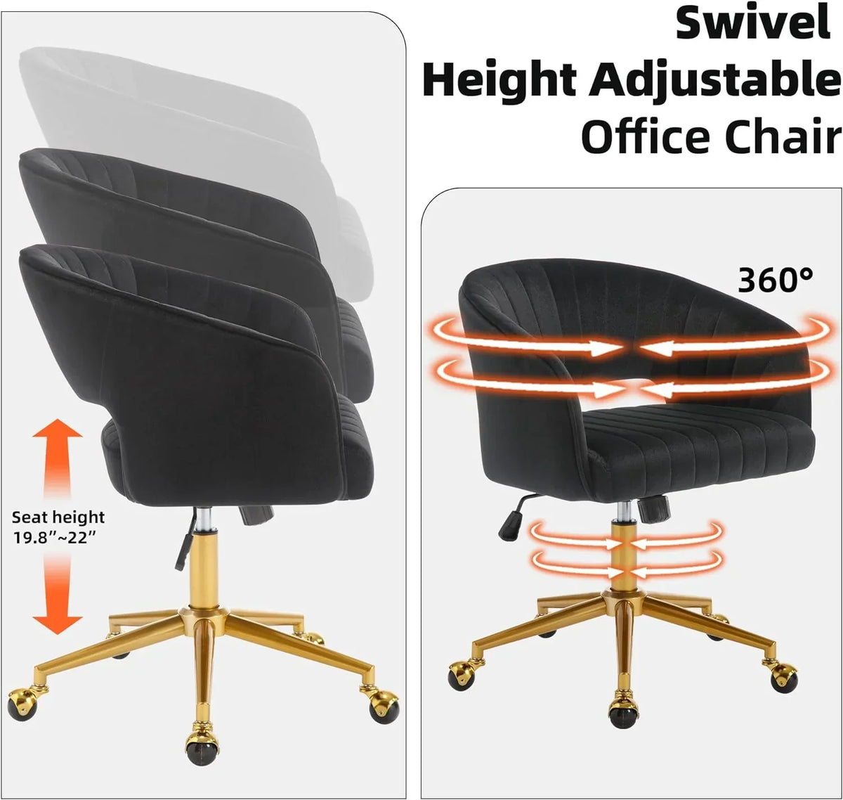 Nouveauté 2026 – Chaise de bureau Westice , chaise de travail en velours, chaise pivotante réglable en hauteur avec base dorée, idéale pour coiffeuse, bureau, salon ou salle informatique, beige