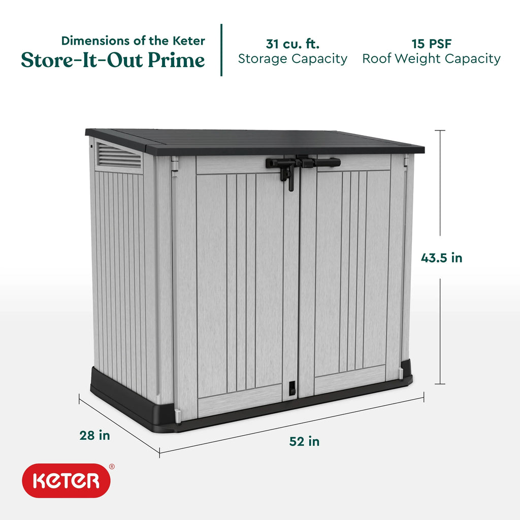 Nouveauté 2026 – Abri de jardin Keter Store-It-Out Prime , 1,3 x 1,1 m, en résine grise, avec charnières à levage facile. Idéal pour ranger outils de jardin, jouets de piscine et accessoires de jardin