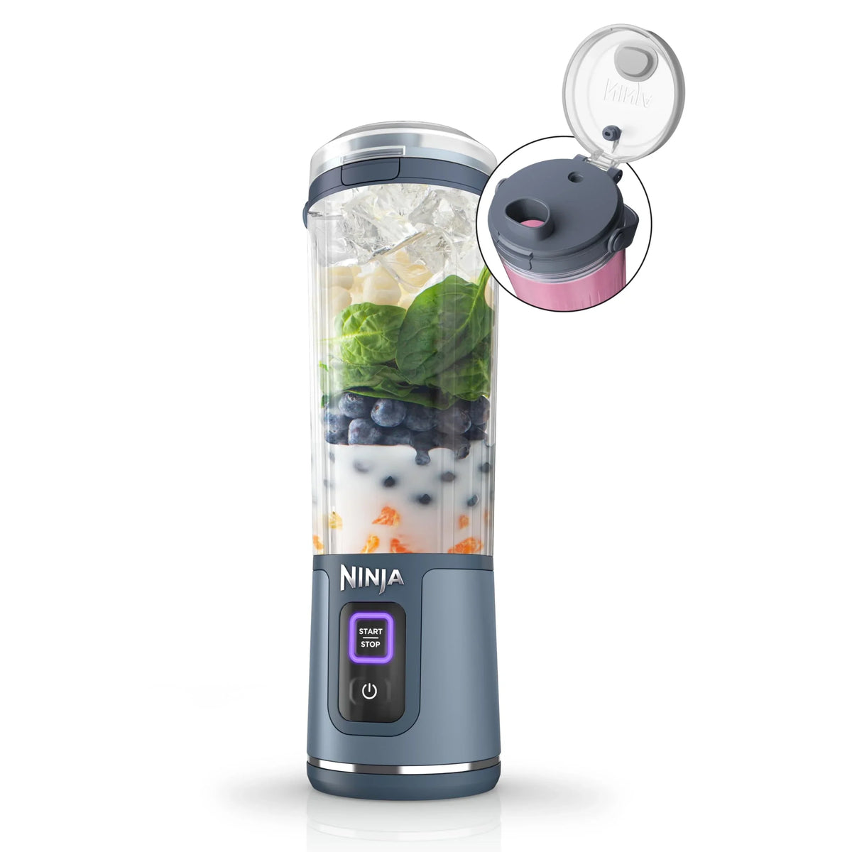 Nouveauté 2026 – Blender portable Ninja Blast , sans fil, bol de 532 ml (18 oz), blender individuel pour milkshakes et smoothies, sans BPA, couvercle étanche et bec verseur, rechargeable par USB-C, pièces compatibles lave-vaisselle, violet métallisé