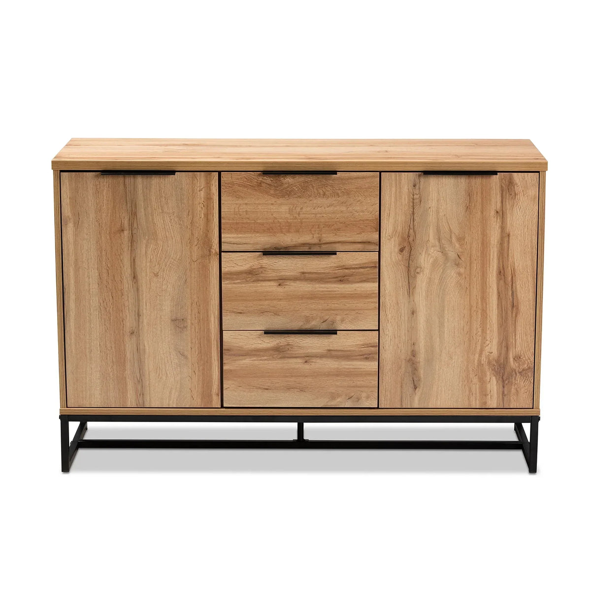 Nouveauté 2026 – Buffet 3 tiroirs Baxton Studio Reid, style industriel moderne et contemporain, finition chêne et métal noir