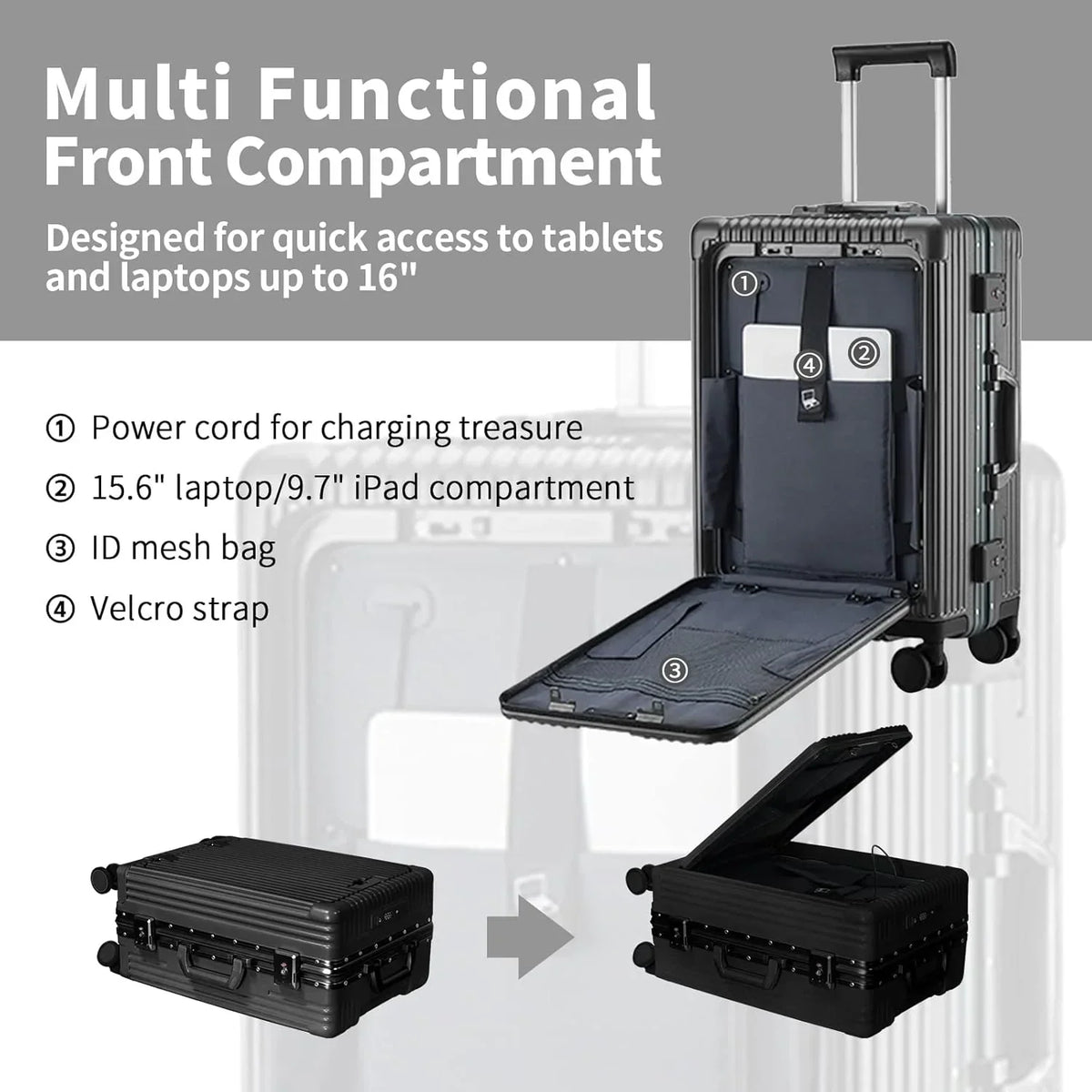 Nouveauté 2026 – Nouvelle valise cabine avec port de chargement USB, compartiment avant, serrure TSA, valise rigide cabine approuvée par les compagnies aériennes avec roulettes multidirectionnelles (grise, 20 pouces