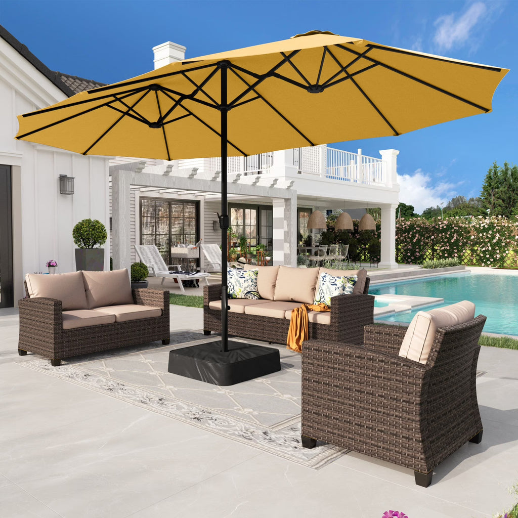 Nouveauté 2026 – Parasol de jardin extra-large Alpha Joy 4,57 m (15 pi) à double face avec manivelle et base - Gris fumé