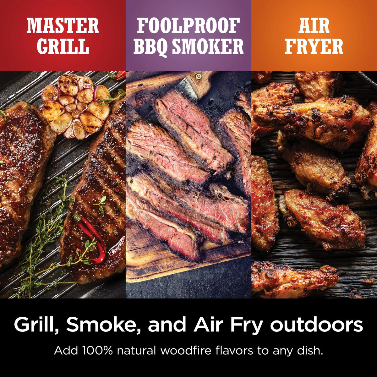 Nouveauté 2026 – Barbecue et fumoir d'extérieur Woodfire , 3 en 1 : grill, fumoir et friteuse à air chaud, avec technologie Woodfire, OG700