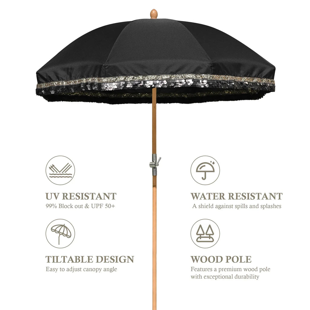 Nouveauté 2026 – Parasol de terrasse LAGarden de 1,8 m à franges et pompon, style Jazz Age, en bois, protection UPF50+, beige avec pompon doré, modèle : JZ6-01