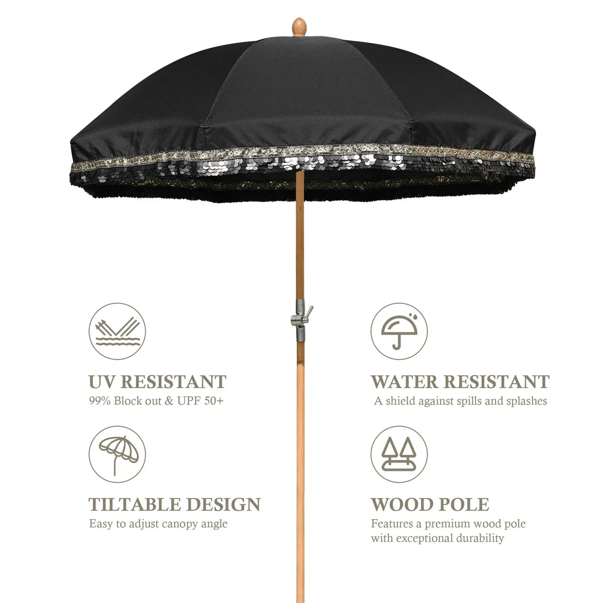 Nouveauté 2026 – Parasol de terrasse LAGarden de 1,8 m à franges et pompon, style Jazz Age, en bois, protection UPF50+, beige avec pompon doré, modèle : JZ6-01
