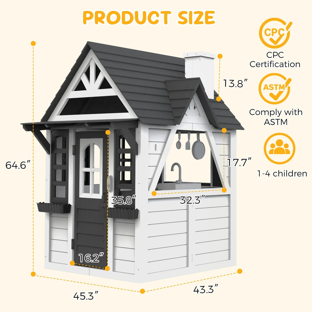 Nouveauté 2026 – Maisonnette d'extérieur COCLUB pour enfants de 4 à 8 ans, en bois, avec sonnette, téléphone et jouets de cuisine. Dimensions : 114 cm (L) x 165 cm (H). Couleurs : blanc et noir