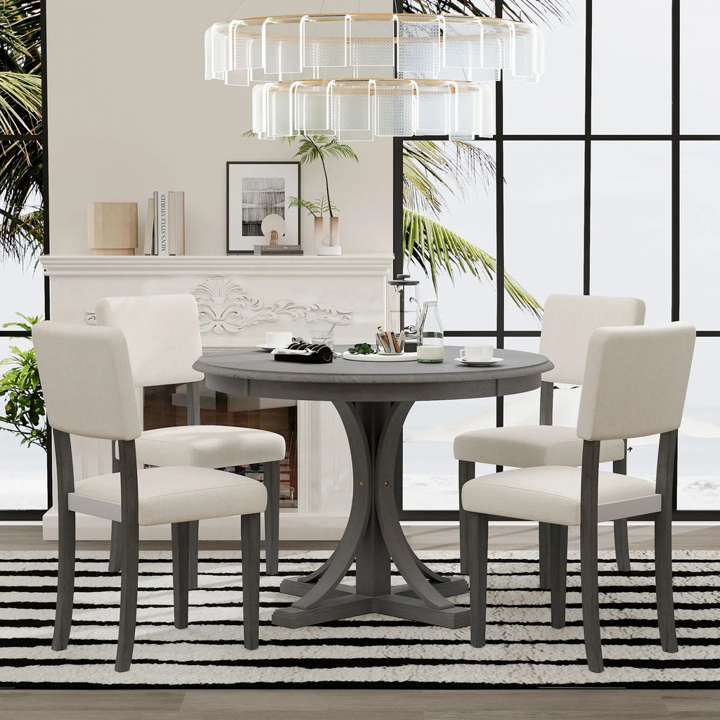 Nouveauté 2026 – Ensemble de salle à manger rond rétro 5 pièces avec 4 chaises rembourrées, table en bois avec pieds incurvés de style tréteau