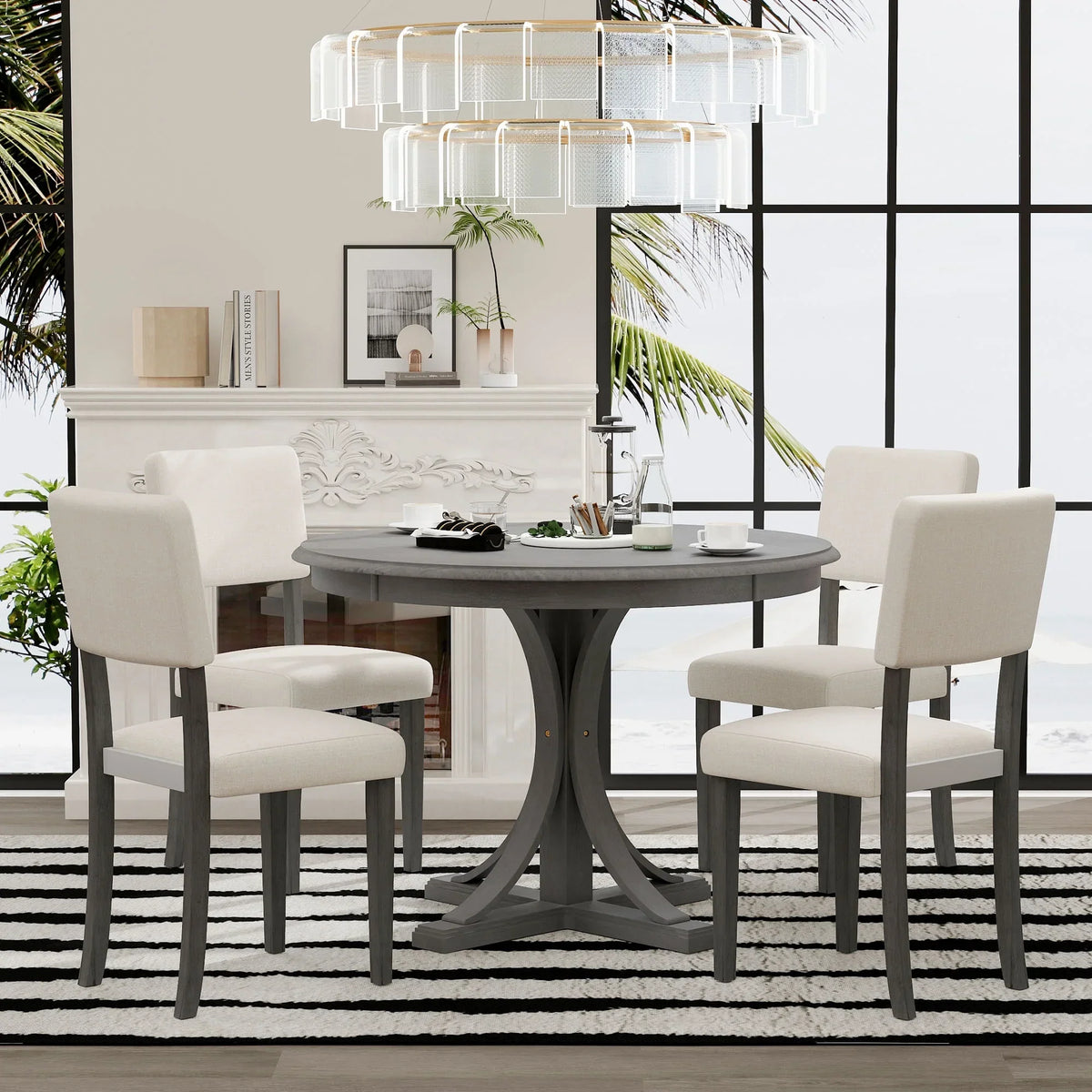 Nouveauté 2026 – Ensemble de salle à manger rond rétro 5 pièces avec 4 chaises rembourrées, table en bois avec pieds incurvés de style tréteau
