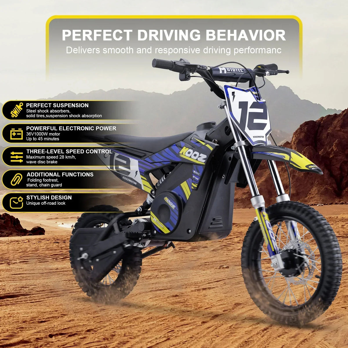 Nouveauté 2026 – Moto tout-terrain électrique MotoTec 36 V 1000 W (HP112E) bleue