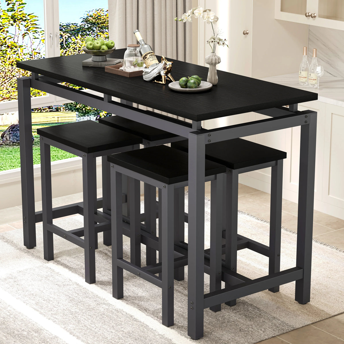 Nouveauté 2026 – Ensemble de table haute 5 places , table de bar et tabourets assortis, table à manger minimaliste avec tabourets sans dossier, ensemble table et chaises de bar avec plateau en bois pour cuisine, appartement ou bistrot - Gain de place