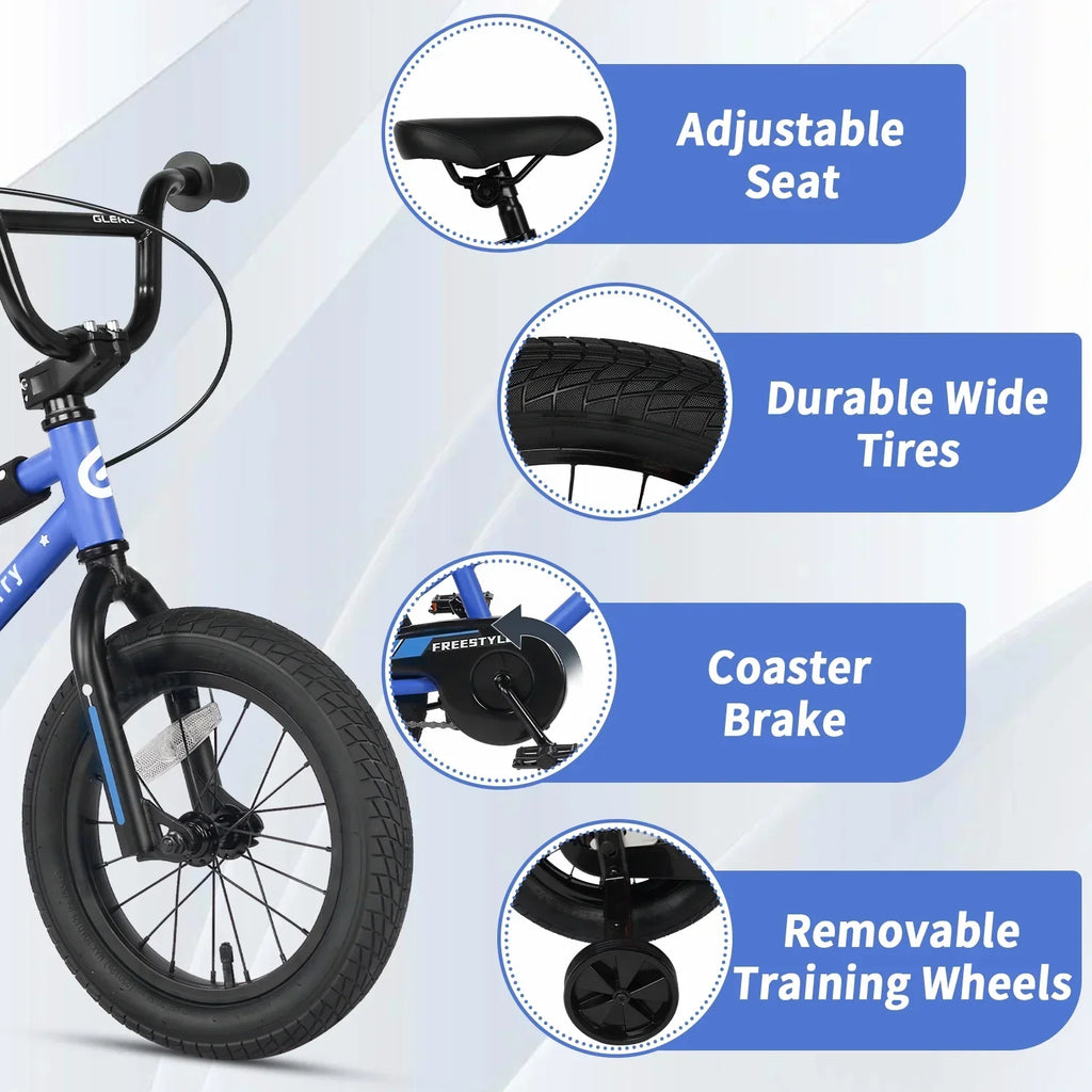 Nouveauté 2026 – Vélo Glerc pour enfants de 3 à 5 ans, style BMX, avec stabilisateurs et frein à rétropédalage, bleu. Convient aux garçons et aux filles de 3 à 5 ans