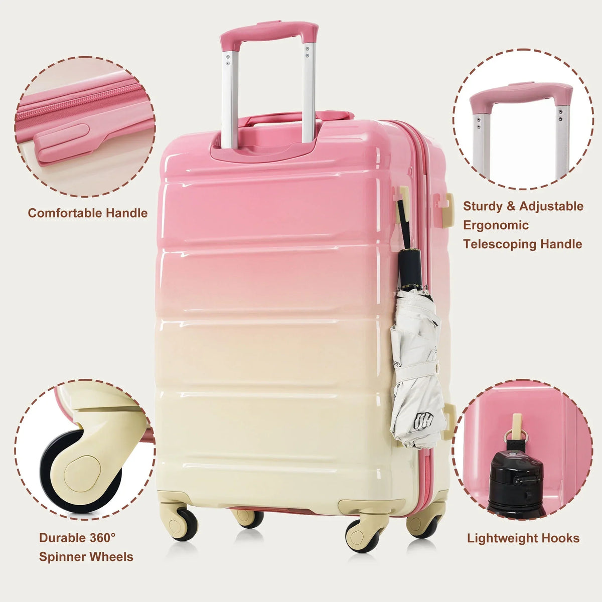 Nouveauté 2026 – Ensemble de 3 valises PAPROOS (51/61/71 cm), valise rigide légère avec port USB et crochets latéraux, bagage de voyage avec serrure TSA, valise à roulettes rigide pour l'école et les voyages, rose