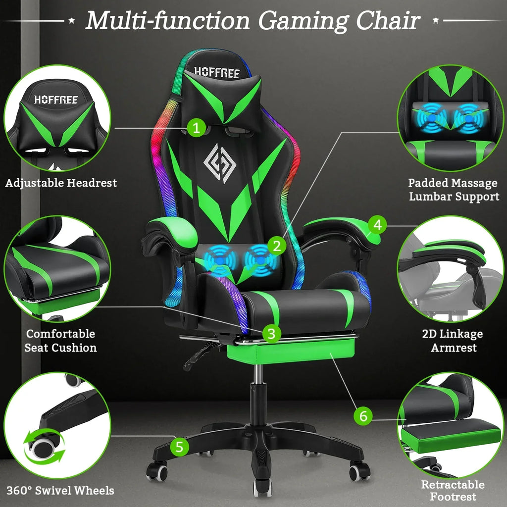 Nouveauté 2026 – Fauteuil de jeu Hoffree avec haut-parleurs intégrés, en cuir PU, repose-pieds et éclairage LED. Fauteuil ergonomique pour gamer avec massage, soutien lombaire et appui-tête pivotant et réglable. Idéal pour le télétravail et le bureau