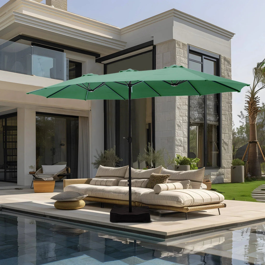 Nouveauté 2026 – Parasol de jardin extra-large Alpha Joy 4,57 m (15 pi) à double face avec manivelle et base - Gris fumé