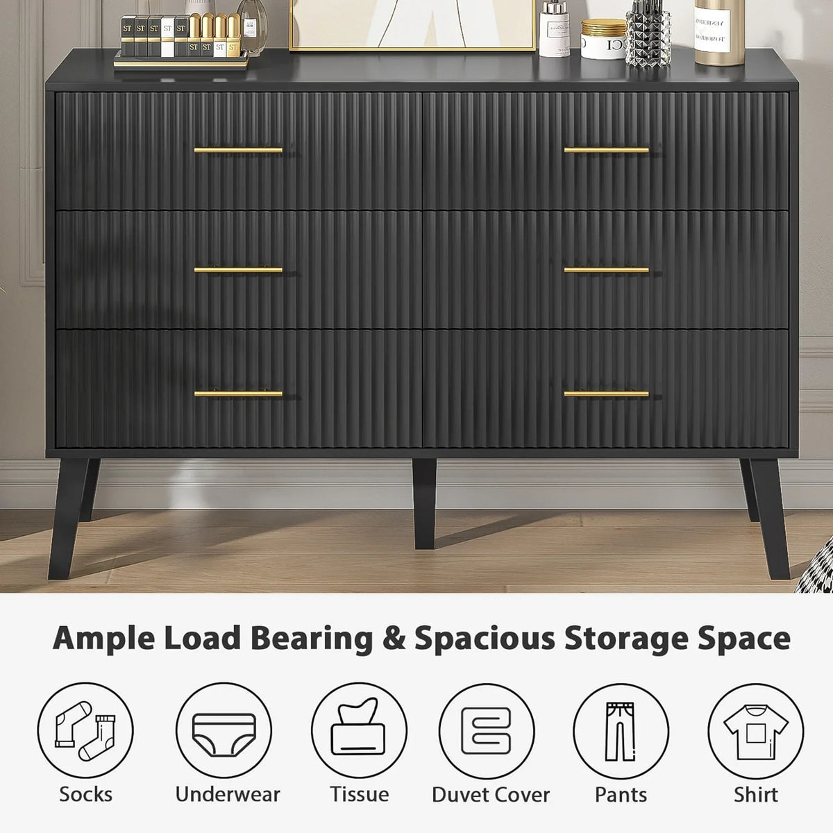 Nouveauté 2026 – Commode à 6 tiroirs Fluted , commode moderne large, commode double à 6 tiroirs