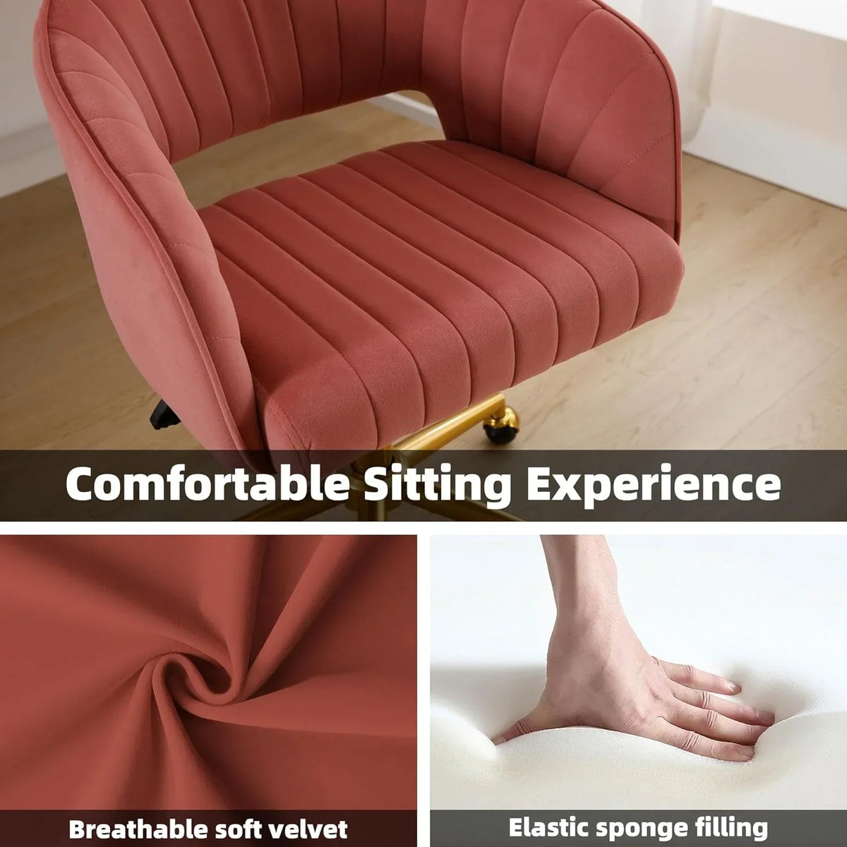 Nouveauté 2026 – Chaise de bureau Westice , chaise de travail en velours, chaise pivotante réglable en hauteur avec base dorée, idéale pour coiffeuse, bureau, salon ou salle informatique, beige