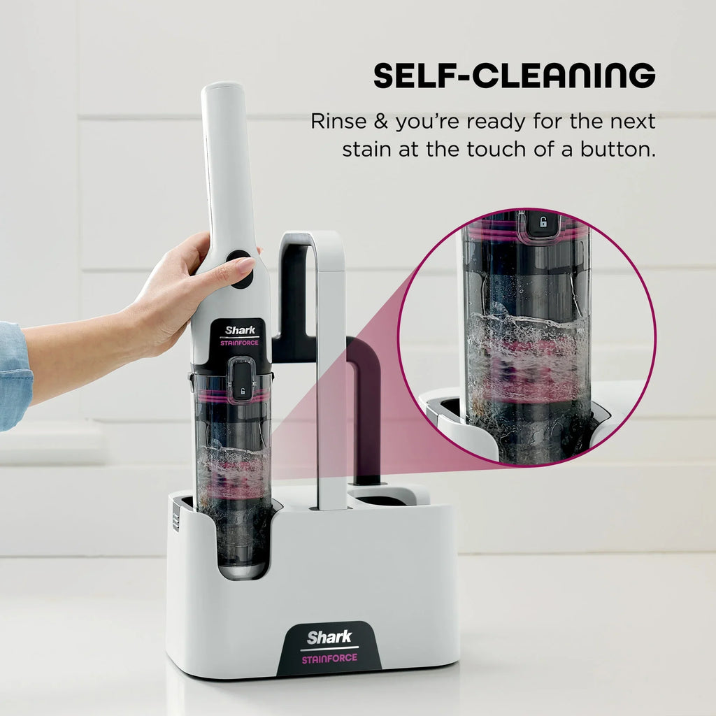 Nouveauté 2026 – Système portable sans fil Shark StainForce pour éliminer les taches et les odeurs sur les tapis, moquettes, tissus d'ameublement, escaliers et voitures, avec panier de rangement et solution de nettoyage pleine grandeur, blanc, HX100