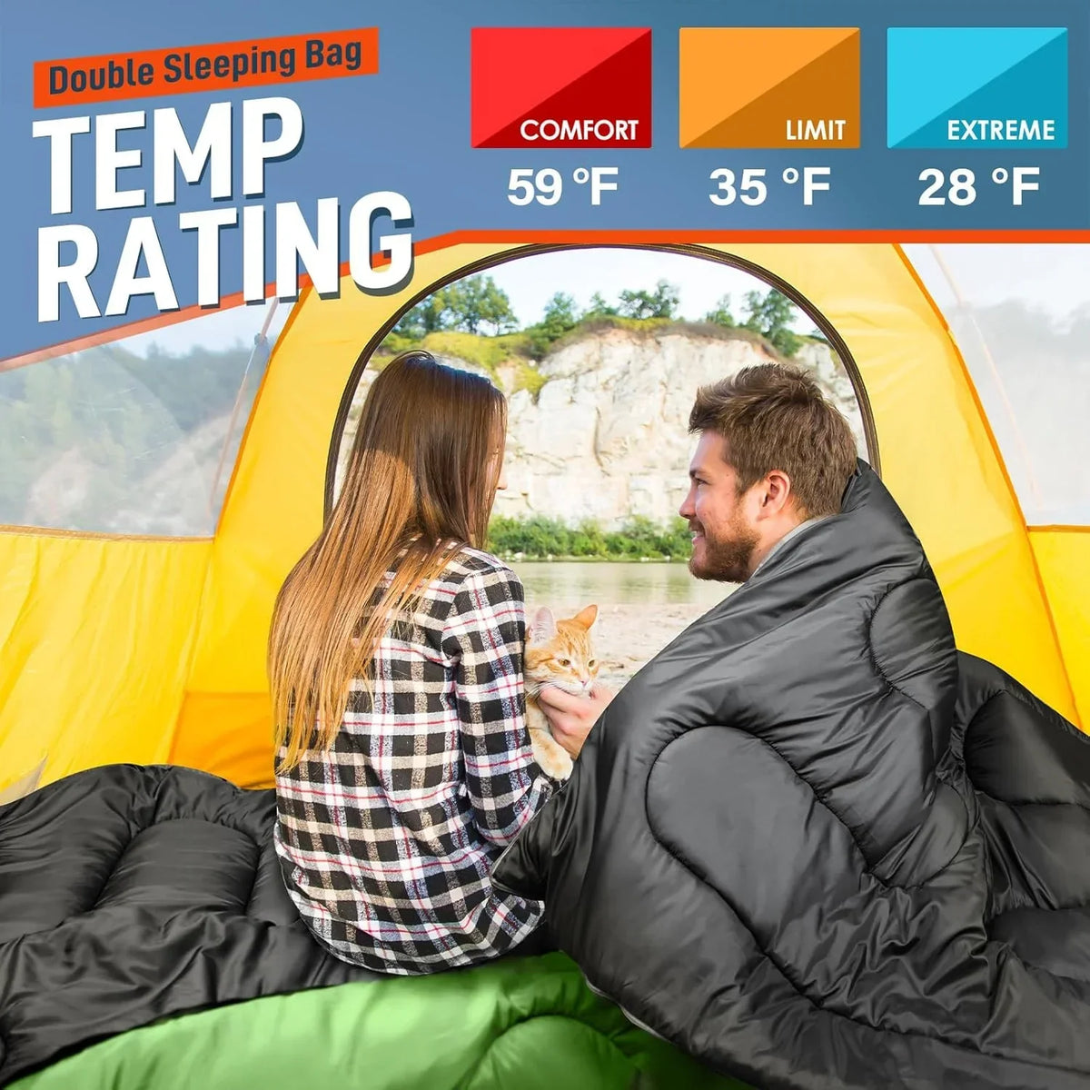 Nouveauté 2026 – Sac de couchage double pour adultes (hommes) avec oreiller, taille XL/Queen, idéal pour le camping, la randonnée et le trekking toutes saisons, par temps froid et chaud