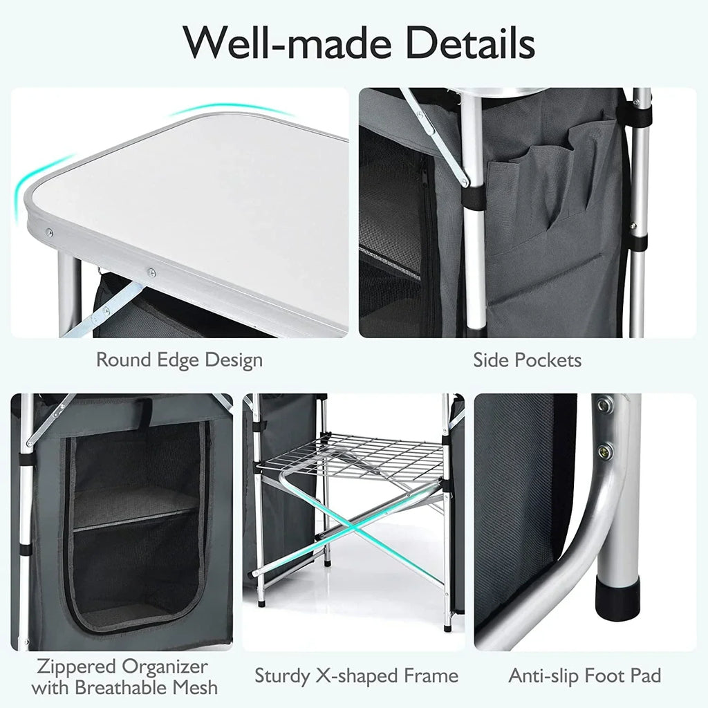 Nouveauté 2026 – Table de cuisine de camping Camping avec rangement, table de cuisson extérieure portable en aluminium avec pare-vent, table de camping pliable pour barbecue, grillades, fêtes et pique-niques
