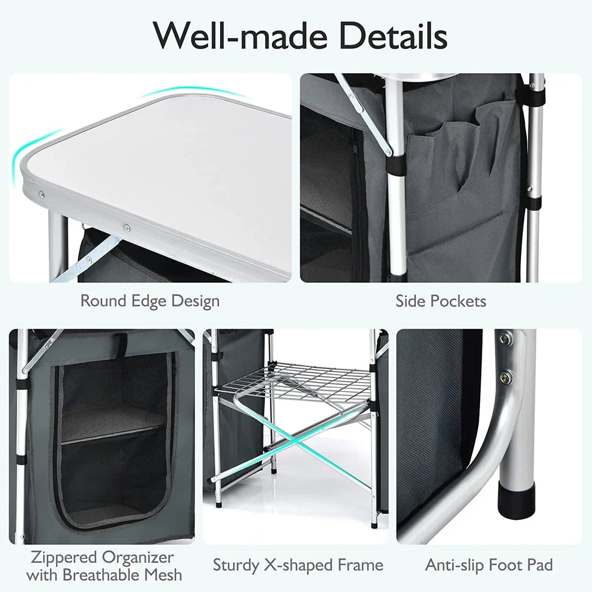 Nouveauté 2026 – Table de cuisine de camping Camping avec rangement, table de cuisson extérieure portable en aluminium avec pare-vent, table de camping pliable pour barbecue, grillades, fêtes et pique-niques