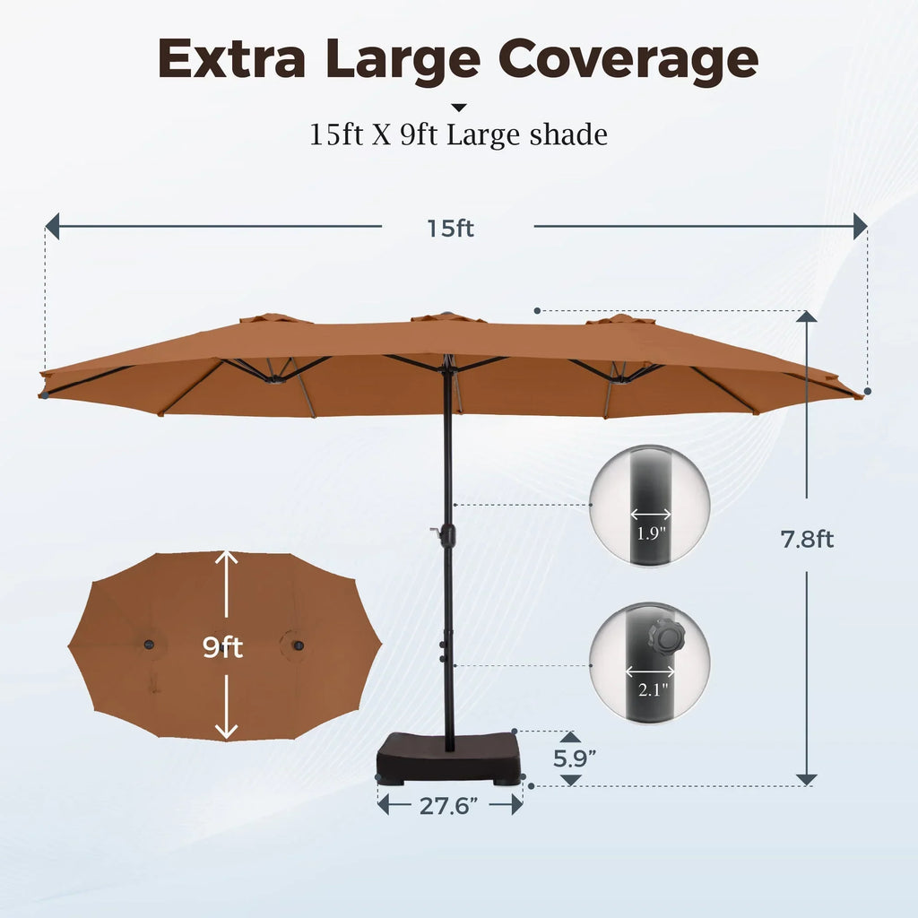 Nouveauté 2026 – Parasol de jardin extra-large Alpha Joy 4,57 m (15 pi) à double face avec manivelle et base - Gris fumé