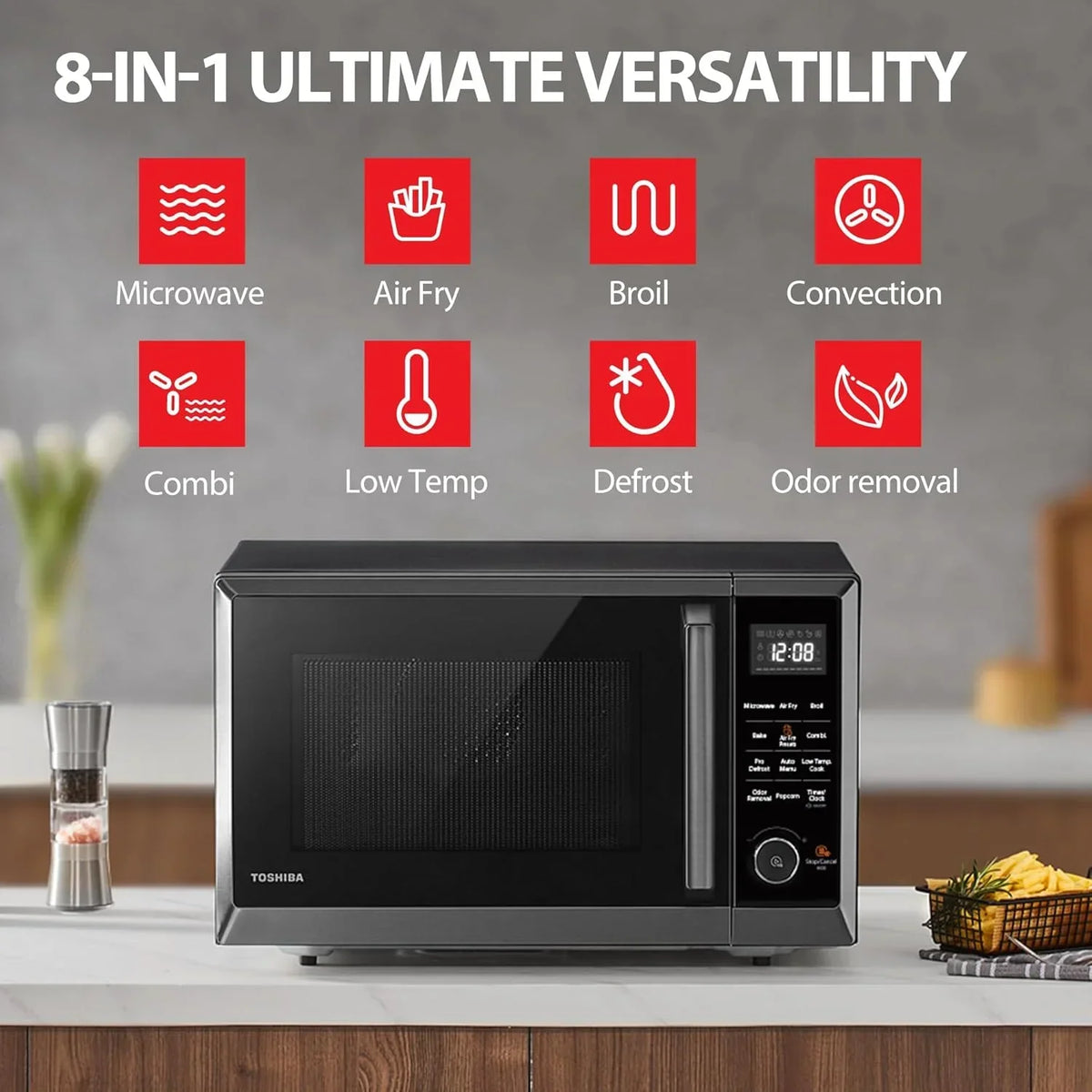 Nouveauté 2026 – Four à micro-ondes de comptoir TOSHIBA 8 en 1 avec friteuse à air chaud, convection, sécurité enfant, 28 litres (1 pi³), noir