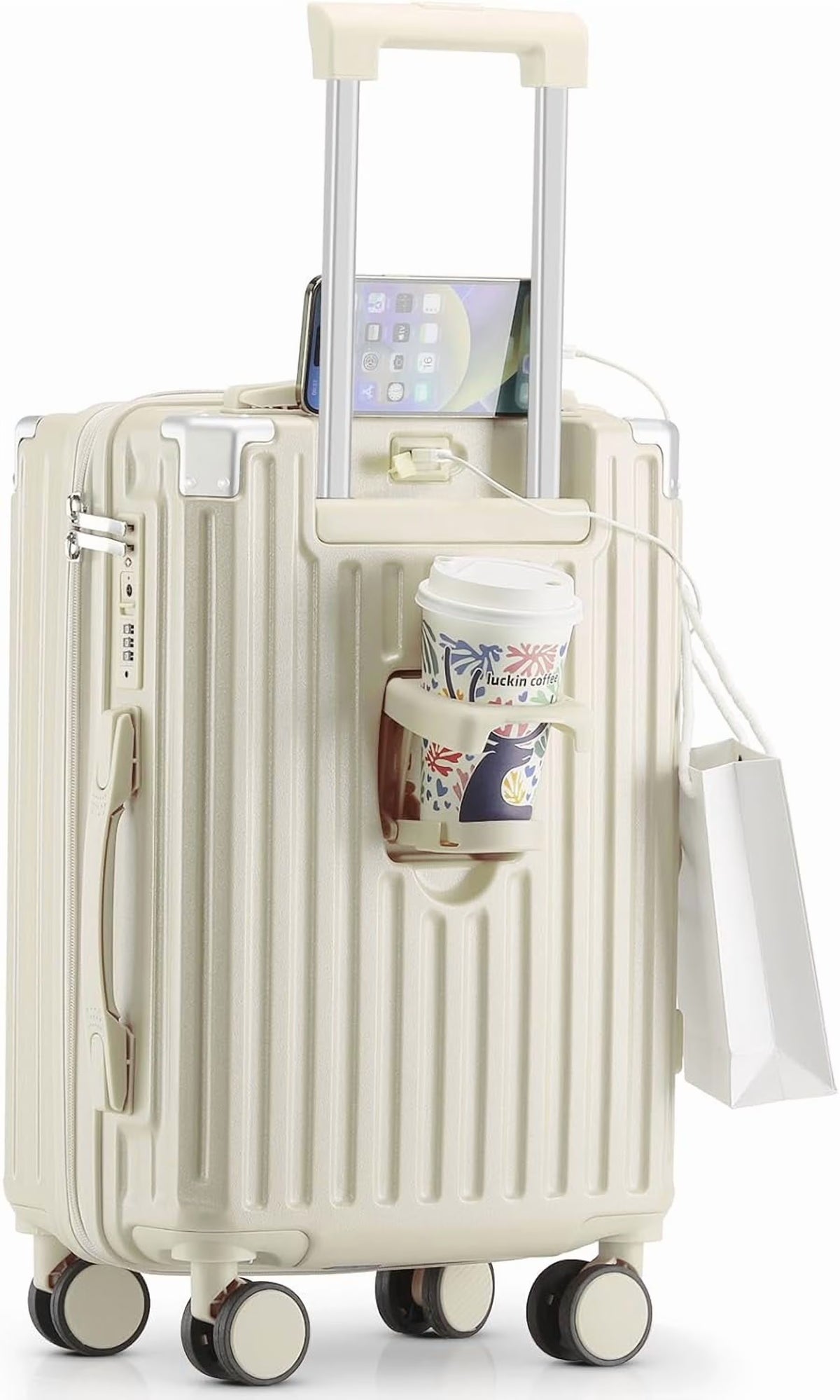 Nouveauté 2026 – Valise cabine 20 de 51 cm (20 pouces) avec porte-gobelet et port USB, approuvée par les compagnies aériennes et verrouillable TSA, légère, en polycarbonate, avec roulettes pivotantes à 360°