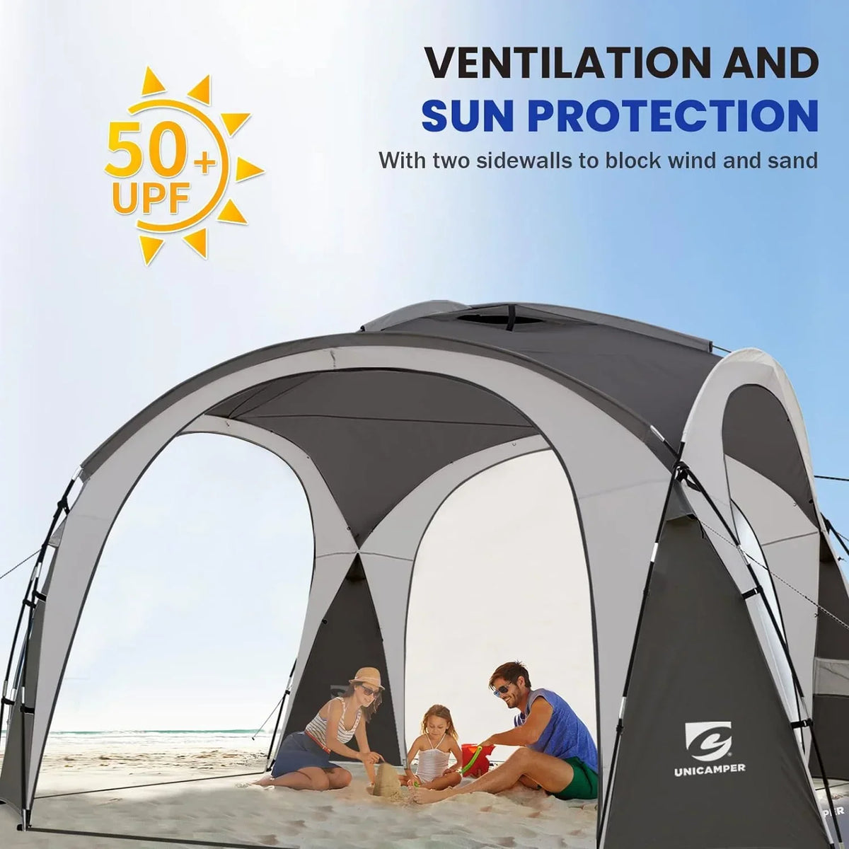 Nouveauté 2026 – Tente de plage UNP Easy Beach , 3,65 m x 3,65 m, pliable, protection UPF50+, avec parois latérales, piquets de sol et barres de stabilité. Abri solaire résistant à la pluie et à l'eau, idéal pour le camping, les jeux dans le jardin,