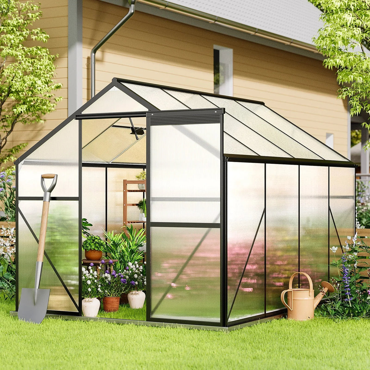 Nouveauté 2026 – Serre Asofer de 2,4 x 1,8 m avec porte à charnières verrouillable et fenêtre d'aération, véranda d'hiver en polycarbonate, noire