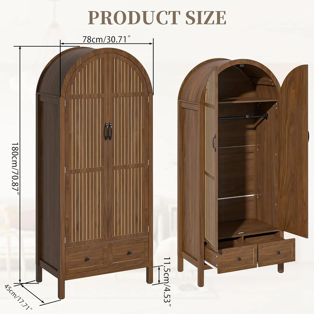 Nouveauté 2026 – Armoire-penderie cintrée Oubayajia avec portes cannelées, en bois, avec tiroirs, étagères et tringle pour chambre à coucher