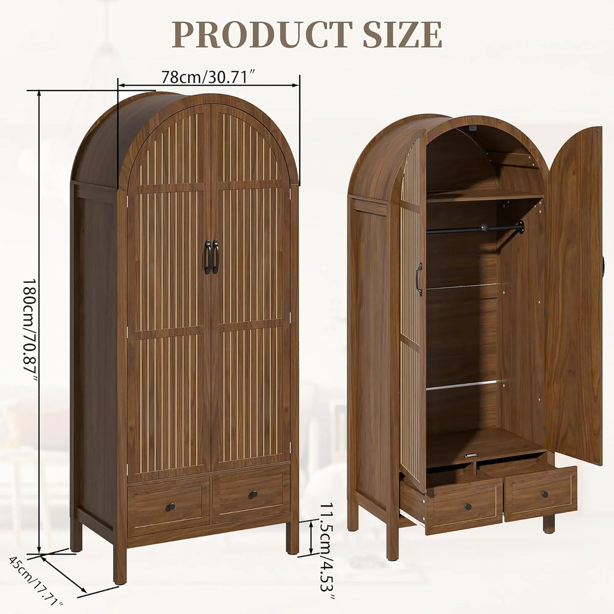 Nouveauté 2026 – Armoire-penderie cintrée Oubayajia avec portes cannelées, en bois, avec tiroirs, étagères et tringle pour chambre à coucher