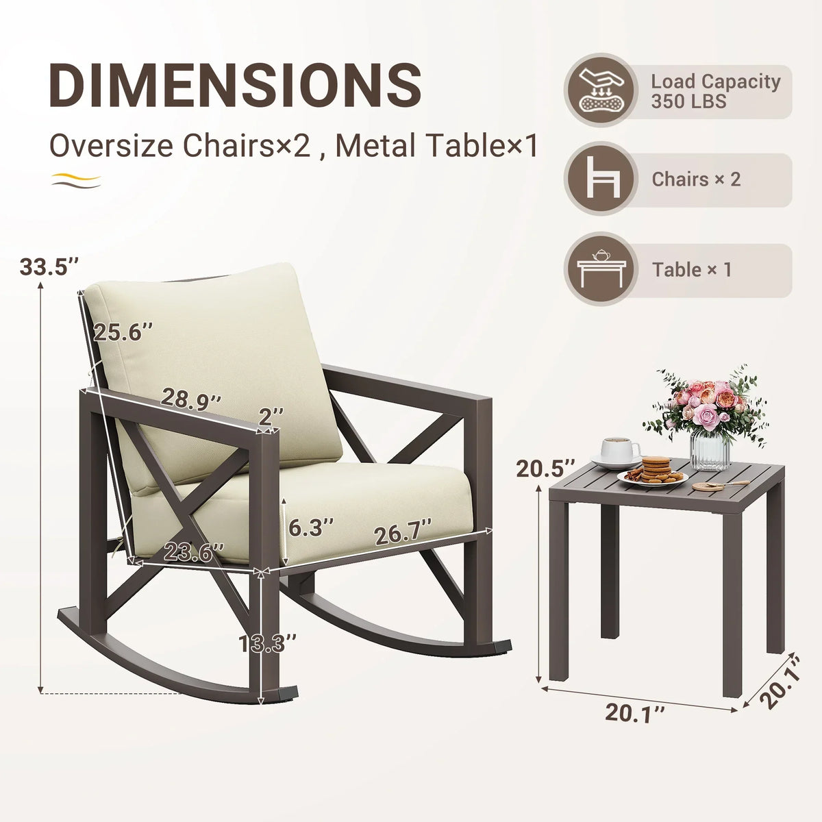 Nouveauté 2026 – Ensemble bistro MRUAKA , 3 pièces, comprenant 2 fauteuils à bascule et 1 table basse en métal avec coussins épais, idéal pour véranda, jardin ou bord de piscine, couleur beige