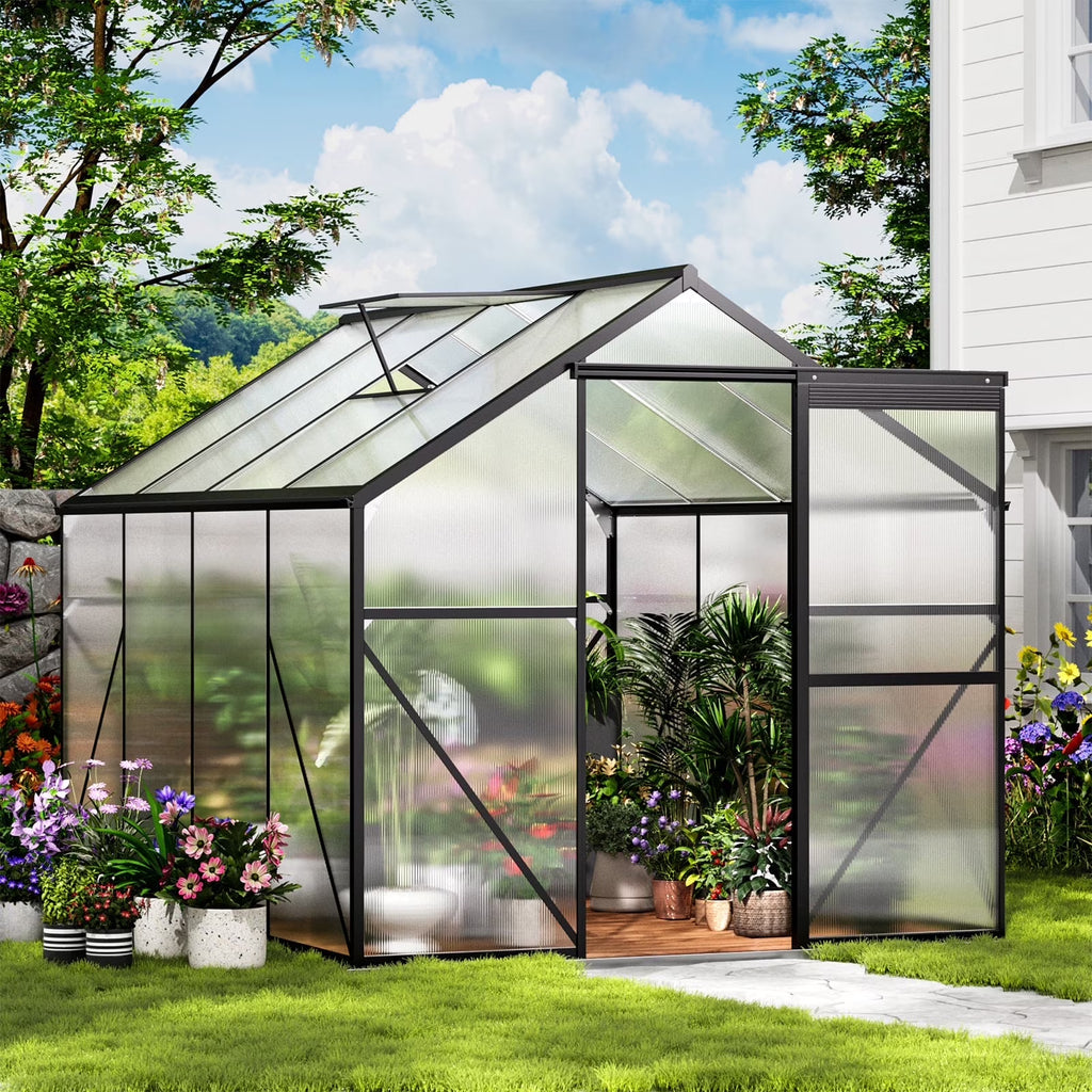 Nouveauté 2026 – Serre Asofer de 2,4 x 1,8 m avec porte à charnières verrouillable et fenêtre d'aération, véranda d'hiver en polycarbonate, noire