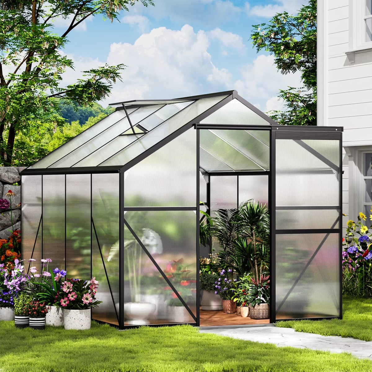 Nouveauté 2026 – Serre Asofer de 2,4 x 1,8 m avec porte à charnières verrouillable et fenêtre d'aération, véranda d'hiver en polycarbonate, noire