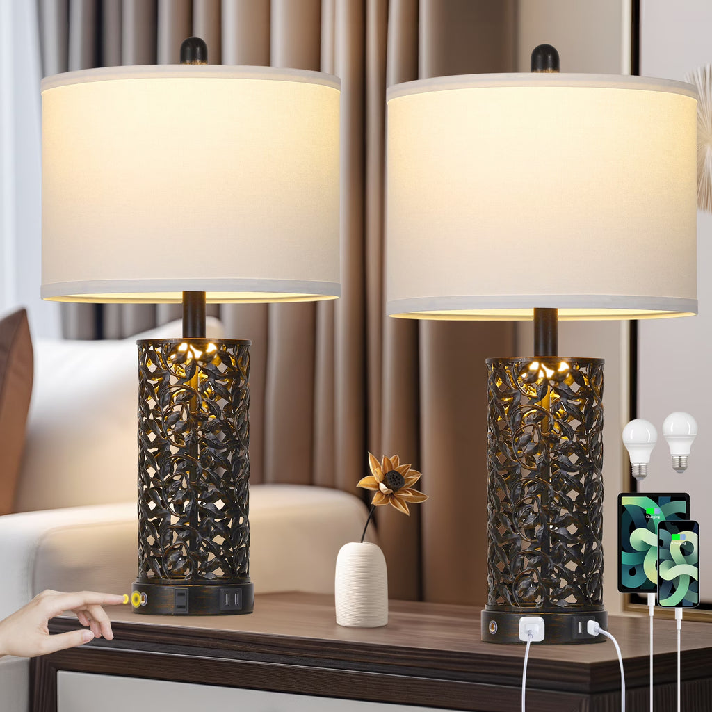 Nouveauté 2026 – Ensemble de 2 lampes de table Cinkeda pour salon et chambre à coucher, avec ports USB, prise secteur, intensité réglable à 3 niveaux, veilleuse tactile, style champêtre, motif floral blanc, lampes de chevet