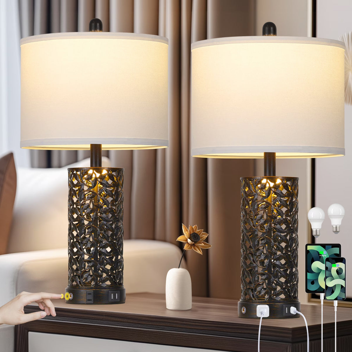 Nouveauté 2026 – Ensemble de 2 lampes de table Cinkeda pour salon et chambre à coucher, avec ports USB, prise secteur, intensité réglable à 3 niveaux, veilleuse tactile, style champêtre, motif floral blanc, lampes de chevet