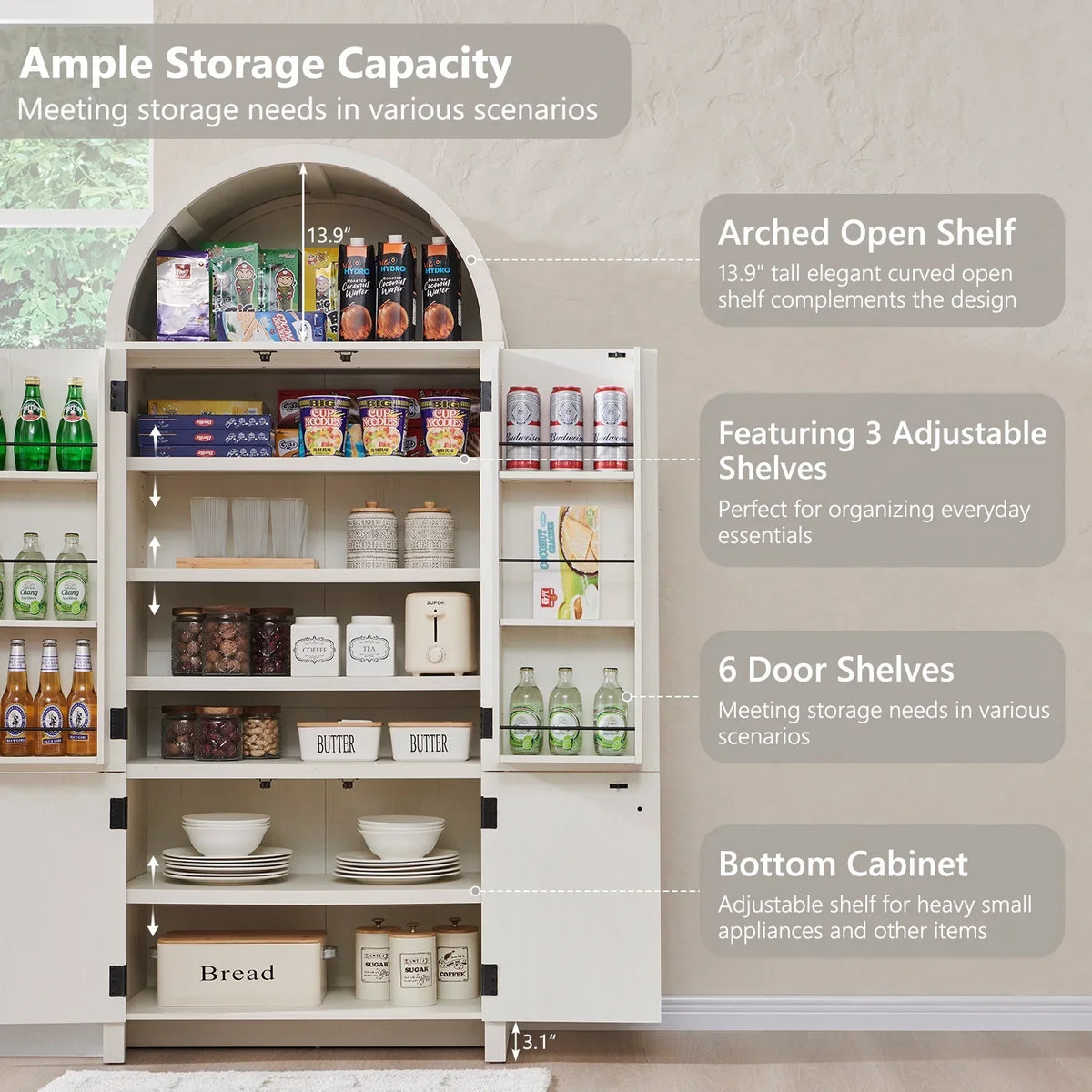 Nouveauté 2026 – Armoire de rangement de cuisine IFGET , 180 cm de haut, style arqué, avec étagères réglables, idéale pour la cuisine et la salle à manger