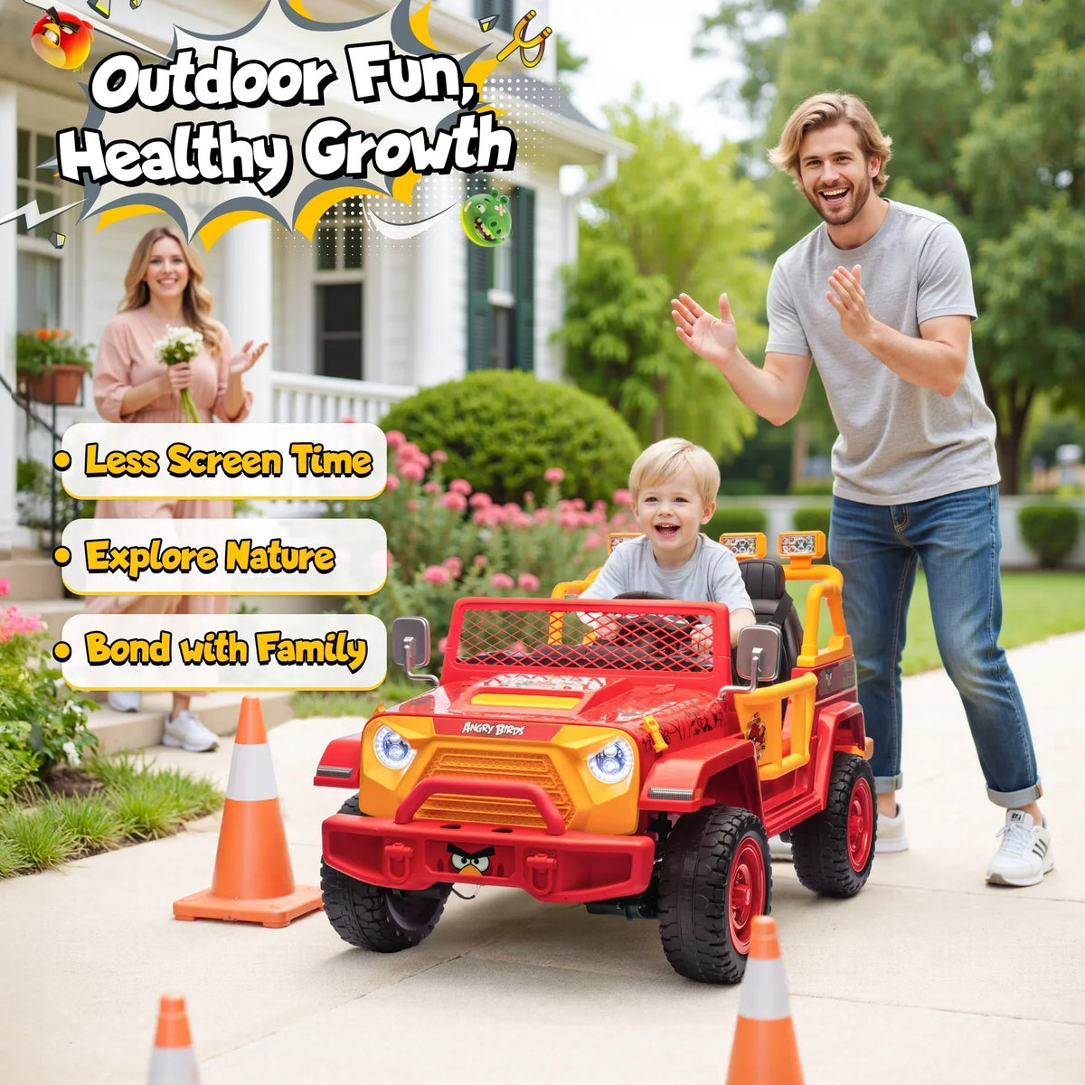 Nouveauté 2026 – Joyracer , véhicule électrique 24 volts pour enfants de 3 à 8 ans, sous licence Angry Birds, avec télécommande, pelle, Bluetooth, phares et roues motorisées. Convient aux enfants jusqu'à 60 kg (130 lbs). Couleur verte