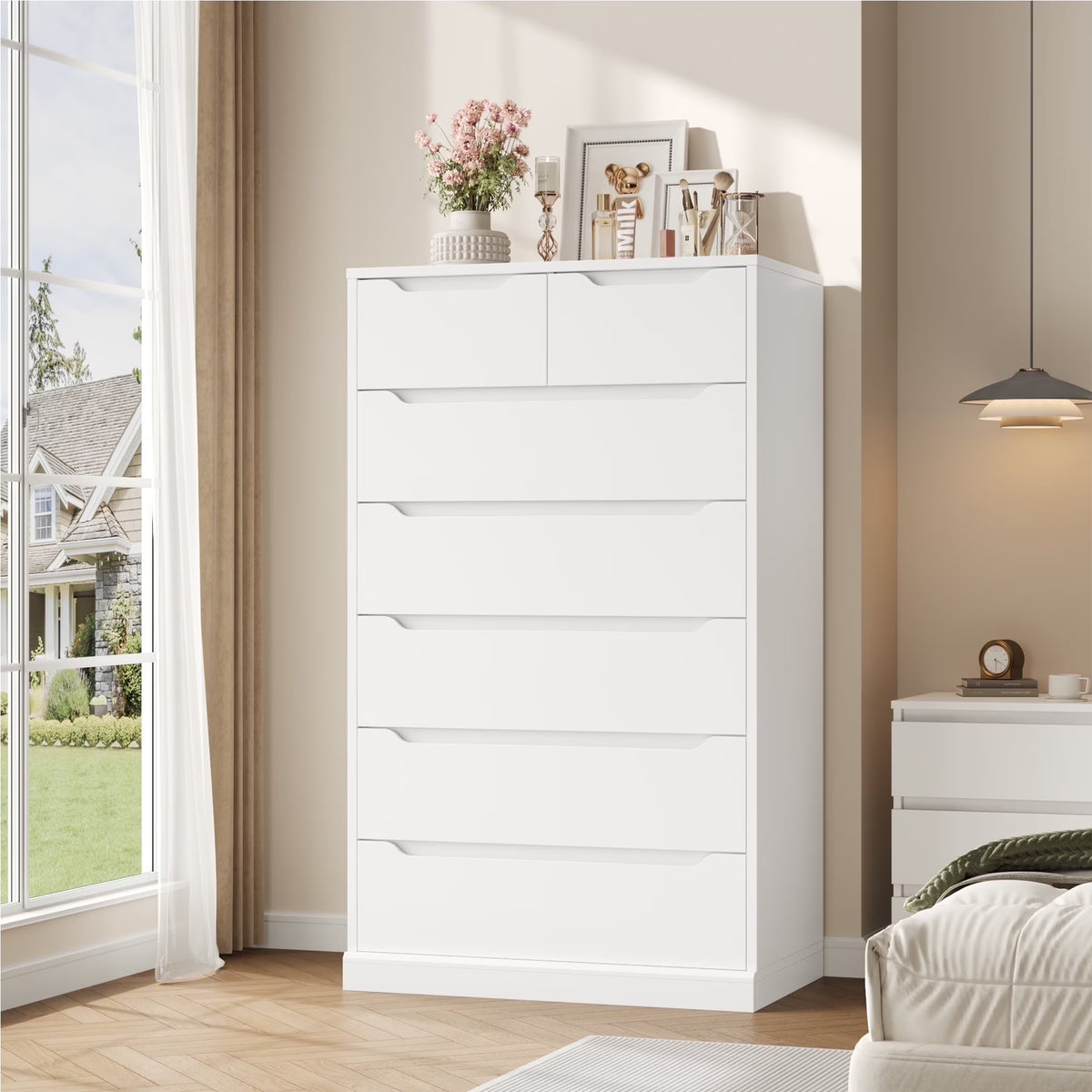 Nouveauté 2026 – Commode blanche Homfa 7 tiroirs, 130 cm de hauteur, meuble de rangement en bois avec base stable améliorée, commode verticale pour chambre ou salon