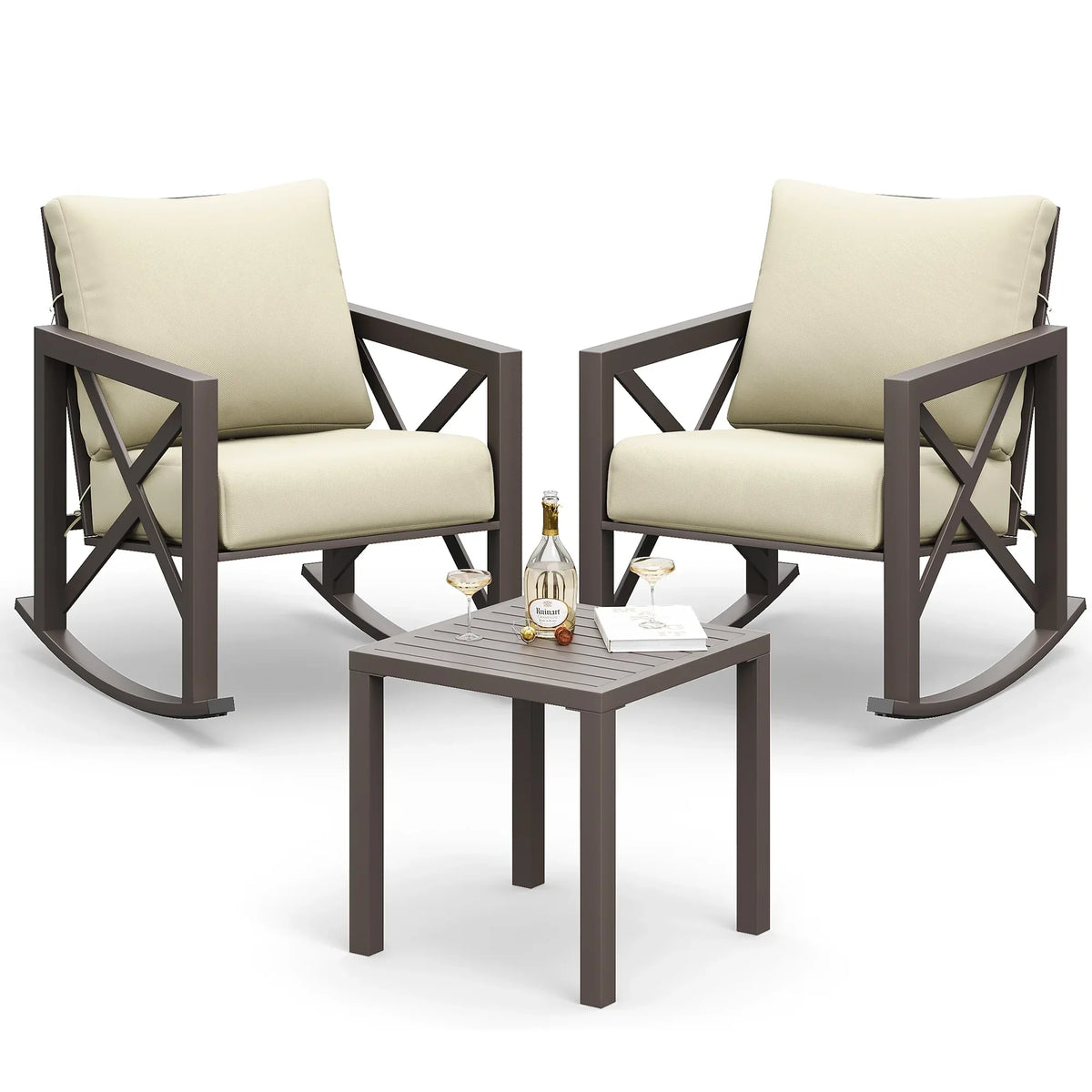 Nouveauté 2026 – Ensemble bistro MRUAKA , 3 pièces, comprenant 2 fauteuils à bascule et 1 table basse en métal avec coussins épais, idéal pour véranda, jardin ou bord de piscine, couleur beige