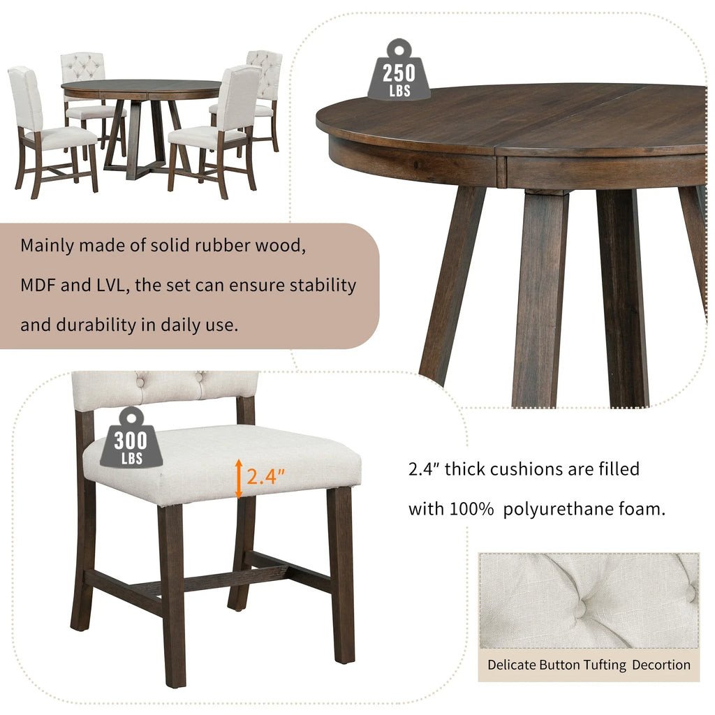 Nouveauté 2026 – Ensemble de salle à manger rond 5 pièces , comprenant une table extensible et 4 chaises rembourrées, en bois, pour 4 personnes. Style campagnard, idéal pour la cuisine, la salle à manger ou un appartement. Couleur : marron