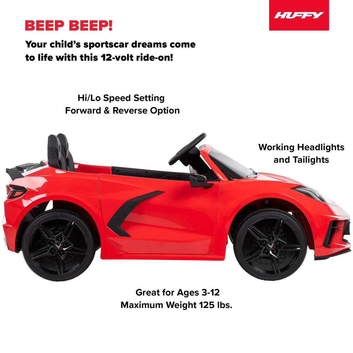 Nouveauté 2026 – Voiture électrique Huffy Corvette Stingray 12V , pour enfants de 3 ans et plus, avec effets sonores