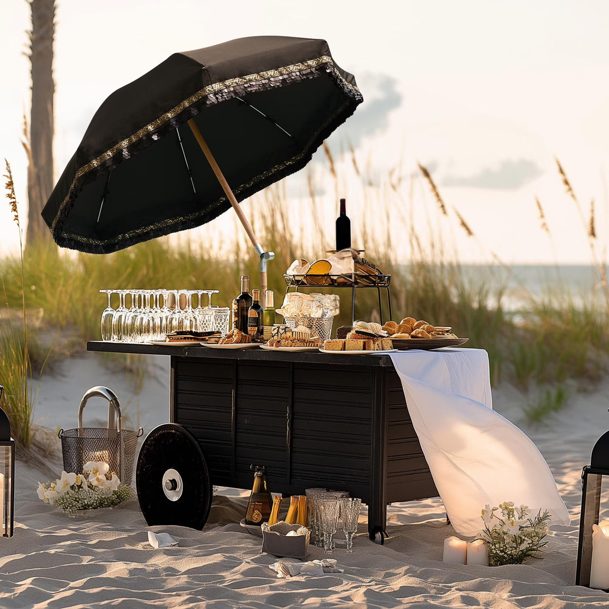 Nouveauté 2026 – Parasol de terrasse LAGarden de 1,8 m à franges et pompon, style Jazz Age, en bois, protection UPF50+, beige avec pompon doré, modèle : JZ6-01