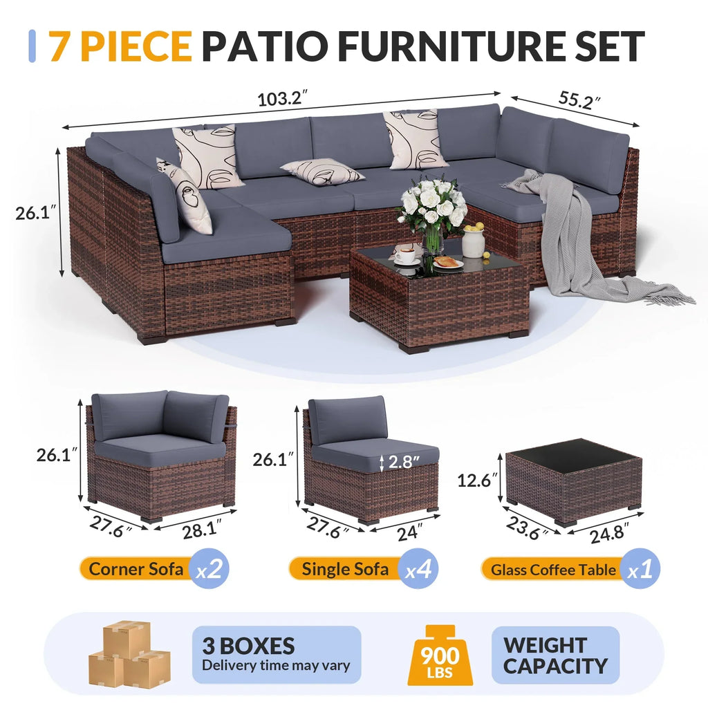 Nouveauté 2026 – Ensemble de mobilier de patio 7 pièces ELPOSUN , canapé d'angle en rotin gris foncé pour jardin