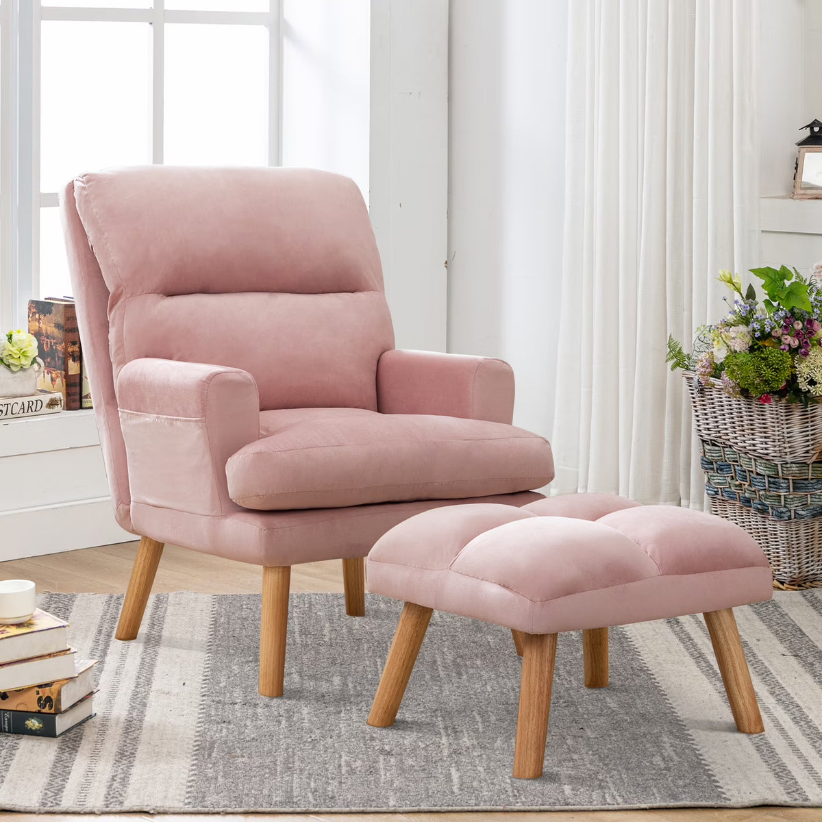 Nouveauté 2026 – Fauteuil d'appoint réglable Betier avec repose-pieds, fauteuil en velours pour chambre ou salon, fauteuil lounge confortable avec dossier rembourré et poche latérale, fauteuil de lecture moelleux, beige