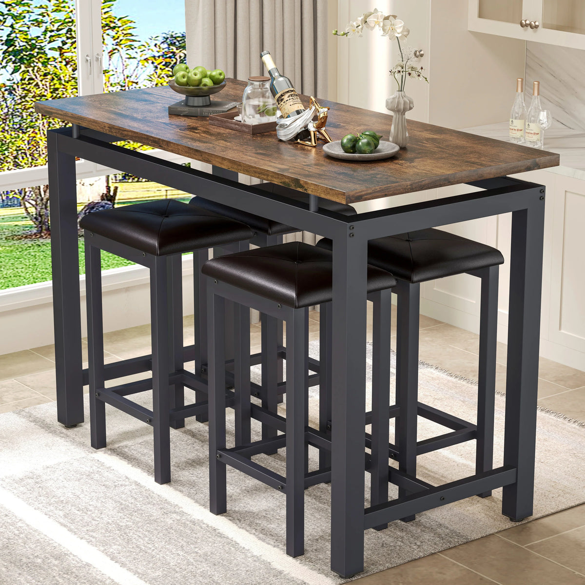 Nouveauté 2026 – Ensemble de table haute 5 places , table de bar et tabourets assortis, table à manger minimaliste avec tabourets sans dossier, ensemble table et chaises de bar avec plateau en bois pour cuisine, appartement ou bistrot - Gain de place